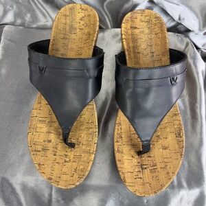 Vionic Atlantic Anitra Flip Flop Sandals Size 11 Black‎ Leather Platform Wedge